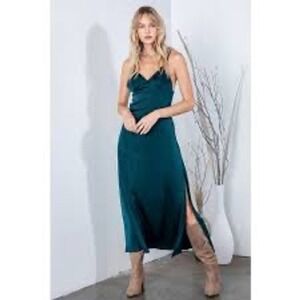 REVEROF Emerald‎ Green Satin V-Neck Maxi Satin Slip Dress Side Slit Size S